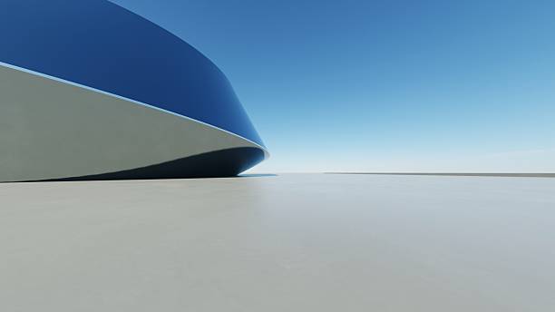 istock 3d illustration of abstract wavy architecture background, Minimal curved geometry architectural design, Car presentation backdrop with empty concrete floor, Flowing geometric metal building design 2234627600