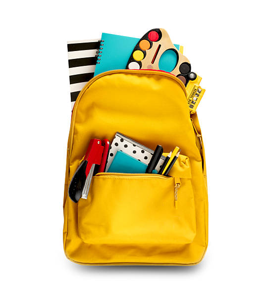 istock Yellow backpack with school supplies,educational stuff isolated on white.Schoolbag full of accessories,back to school concept,objects. 2234629764