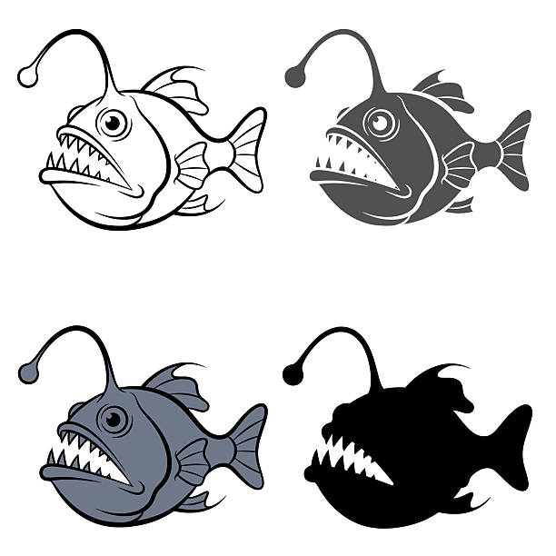 Four variations of an anglerfish design, showcasing its bioluminescent lure and sharp teeth, are presented in different styles, including line art, silhouette, and grayscale