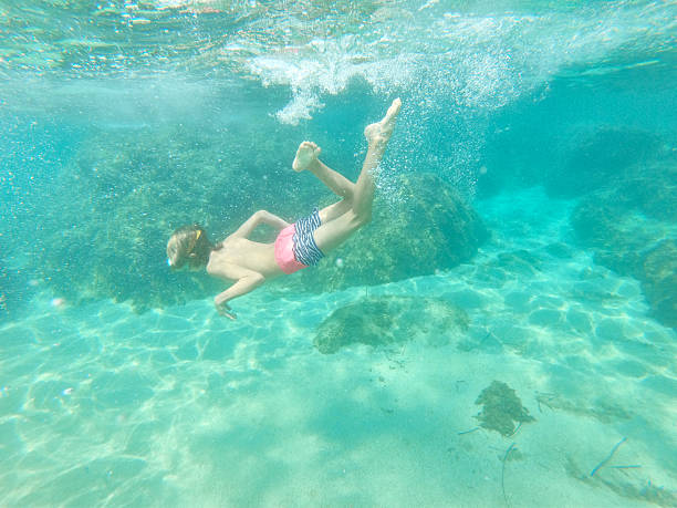 istock Young caucasian boy moving down underwater 2234638639