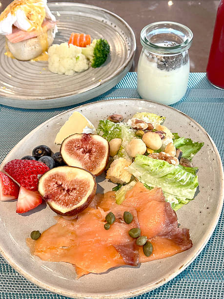 Smoked salmon fig strawberry blueberry caper salad lettuce crouton chickpea nut.