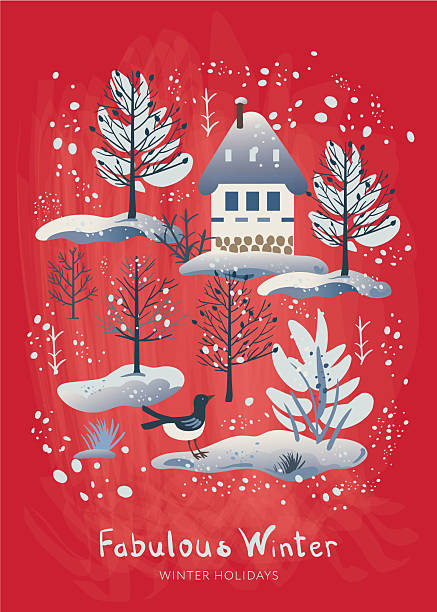 Fabulous winter. Vector illustration of christmas new year city, houses, forest, trees, birds. Drawings for postcard, poster and background