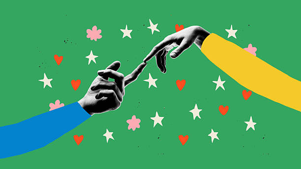 Touching hands on green background surrounded by stars and hearts in stylized collage