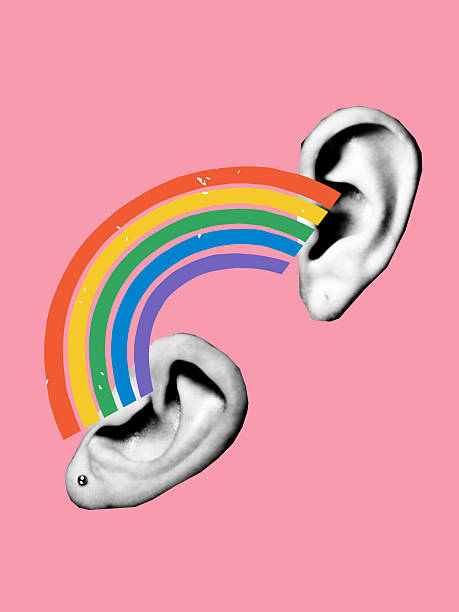 istock Human ears with rainbow sound waves on pink background in modern collage 2234645137