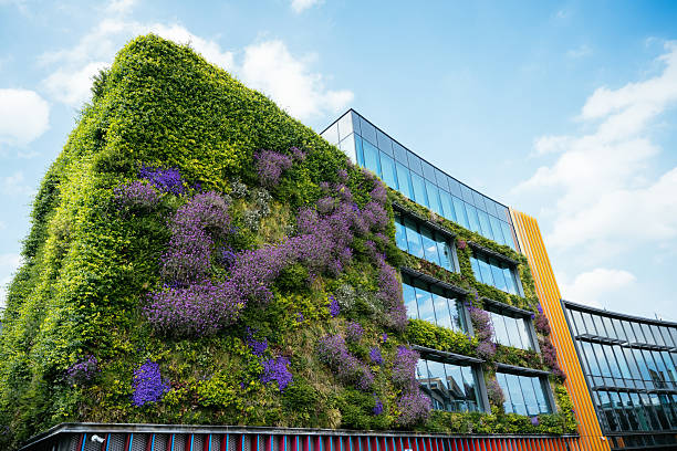 istock Modern green building in a city skyline featuring glass facades and distinctive architectural designs 2234646082