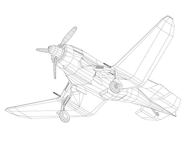 istock Retro aircraft wireframe model with detailed wings, propellers, and tail on a clean white background. The realistic 3D rendering highlights precise lines and curves. 2234650907