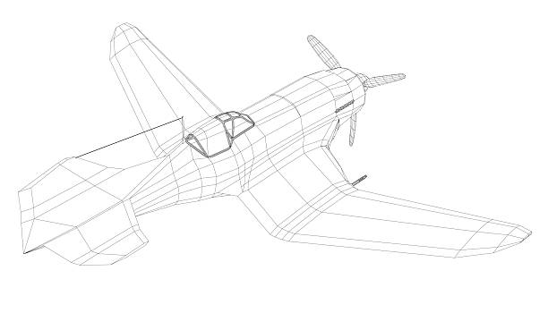 istock Retro airplane wireframe model with detailed wings, tail, and propellers on a clean white background. 2234651103