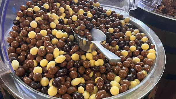 Chickpeas coated in milk, dark, and white chocolate.
