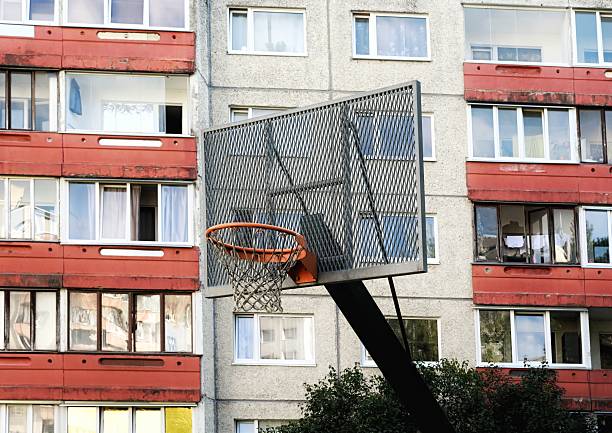 Old basketball hoop on courtyard in Seli Area in Lasnamäe, Tallinn, Estonia