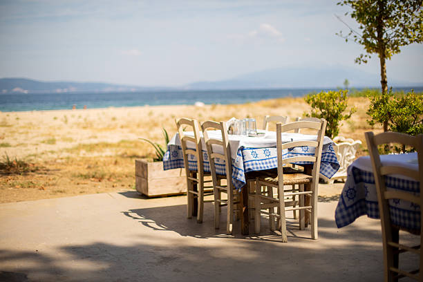 istock Empty tables and chairs overlooking a sandy beach in greece 2234658520