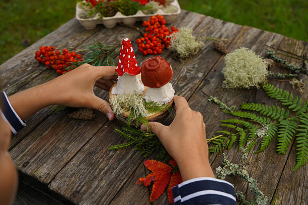 Fall-themed project made from natural and repurposed materials, featuring a mushroom design.