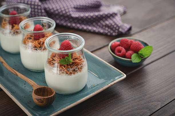 istock Dessert panna cotta with caramel cheese and fresh raspberry 2234663292