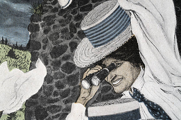 Young woman grinning maniacally looking through binoculars, German, Art Nouveau, Jugendstil, 1899, Vintage illustration
