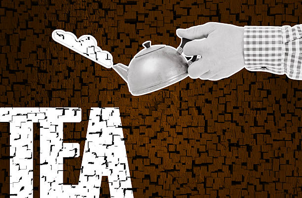 Hand Holding Teapot with Steam and Tea Text on Abstract Brown Background.