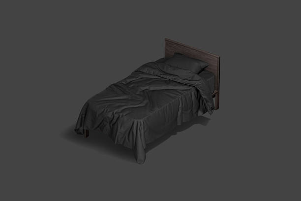 istock Blank wooden single bed with black bedding mockup, dark background 2234668020