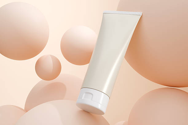 istock Flying cream bottle with flying balls in a beige light, 3d render 2234670873