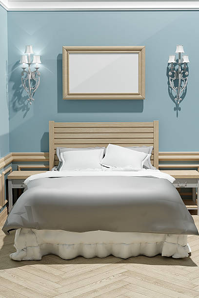 istock Vintage bedroom interior with bedding and pillows. Mockup frame on the blue wall. 3D render 2234670910