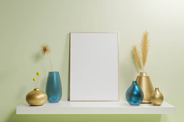 istock Portrait picture frame mockup on green wall. 3d render 2234671059