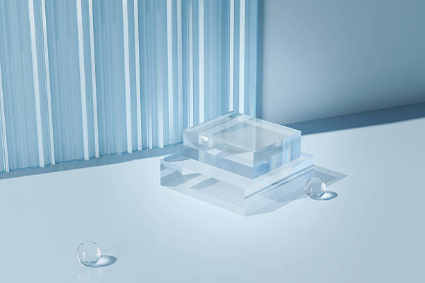 istock Glass podium with complex reflection and hard shadows on background. 3d stands for demonstration of cosmetic products. 2234671182