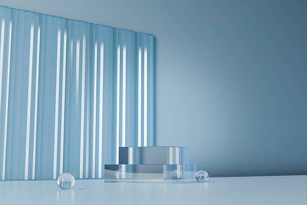 istock Glass podium with complex reflection and hard shadows on background. 3d stands for demonstration of cosmetic products. 2234671190