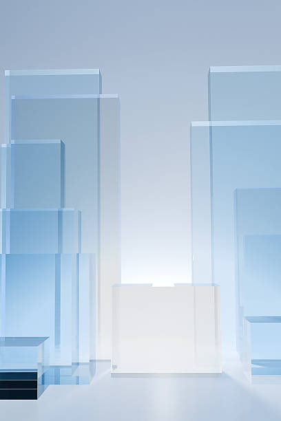 istock Glass podium with complex reflection and hard shadows on background. 3d stands 2234671248