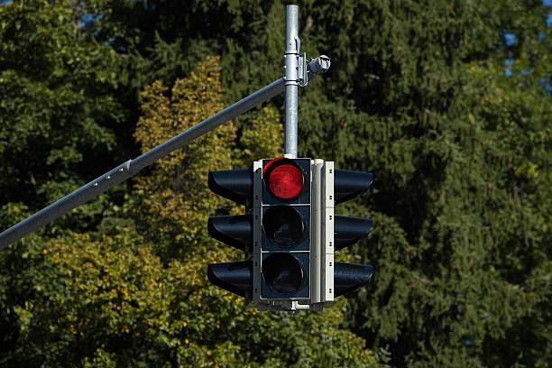 istock Red traffic light against green trees in outdoor urban setting 2234673871