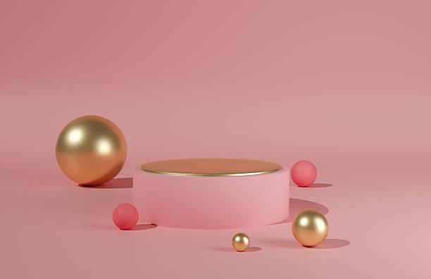 istock Minimal product podium stage with pink balloons in geometric shape for presentation background. 3D illustration rendering 2234675954