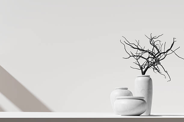 istock Dried bare curved tree branches in round vase on white background, Ikebana Style Still Life, 3D render 2234676023