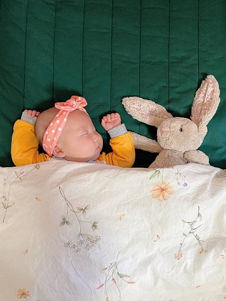 Baby sleeping with bunny plush toy