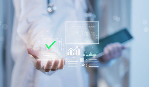 istock Concept healthcare data compliance and quality assurance doctor presenting virtual check icon and analytics dashboard, symbolizing approval, medical standards, performance monitoring, patient trust. 2234678861