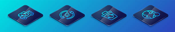 Set Isometric line Recycle bin Garbage truck Earth melting to global warming and Electric saving plug leaf icon. Vector.
