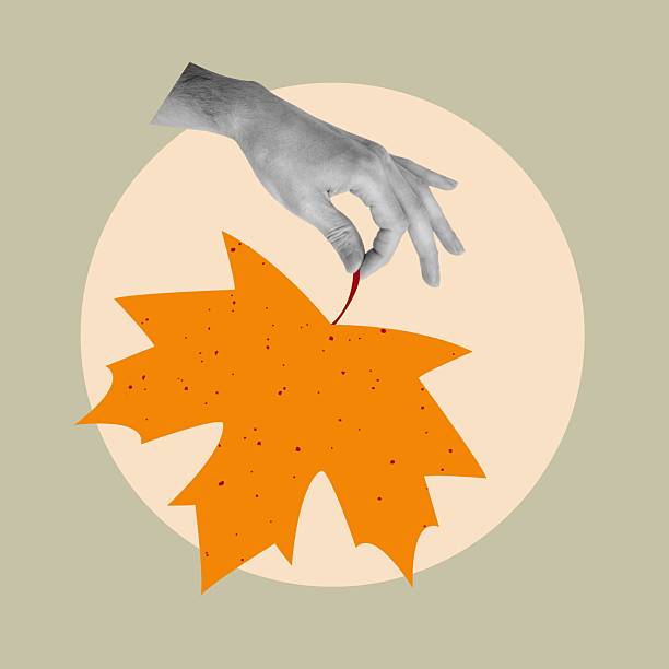 istock Contemporary art collage of a hand holding a large orange maple leaf on a light background. 2234704342