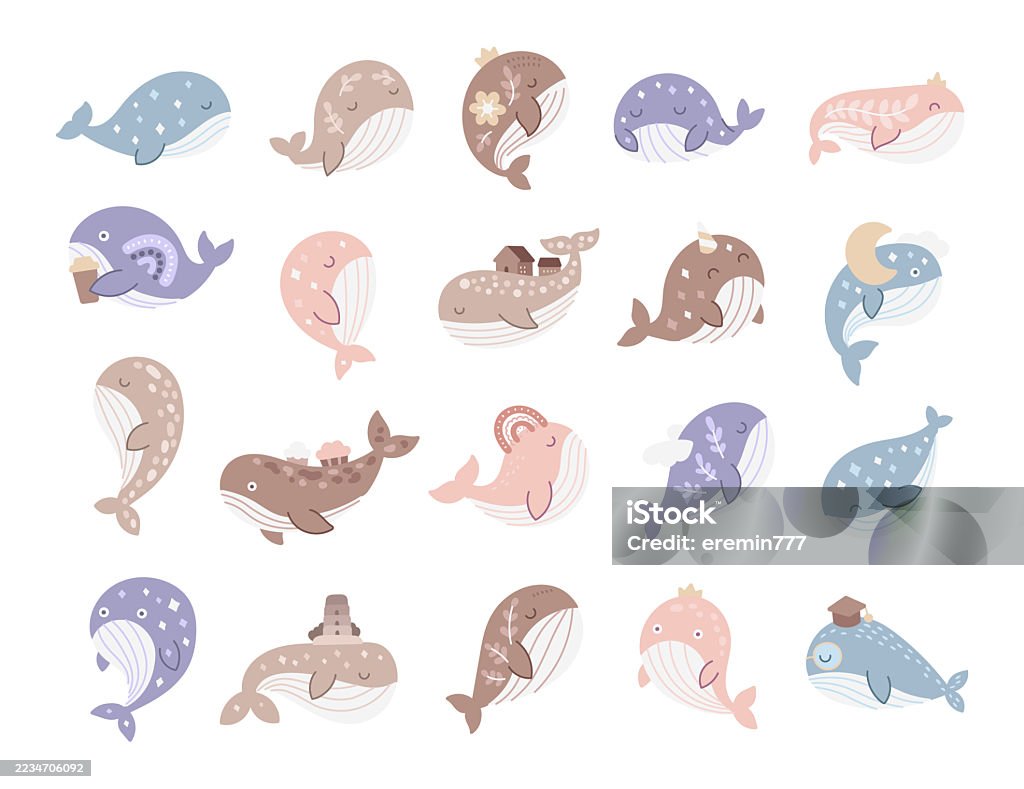 Whale character set in scandinavian style showing marine animals with takeaway cup, crowns, castle, house, graduation cap, wings, cloud, moon, cloud, rainbow, cupcake and party hat - Bez autorských poplatků Akademický baret vektorové obrázky Whale character set in scandinavian style showing marine animals with takeaway cup, crowns, castle, house, graduation cap, wings, cloud, moon, cloud, rainbow, cupcake and party hat - Bez autorských poplatků Akademický baret vektorové obrázky