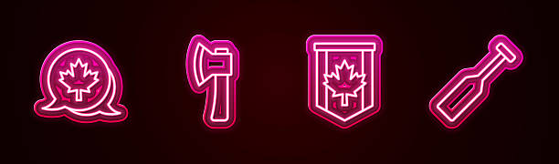 istock Set line Canadian maple leaf, Wooden axe, Pennant flag of Canada and Paddle. Glowing neon icon. Vector 2234706928