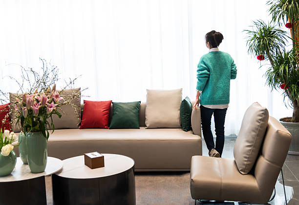 Woman walking in living room