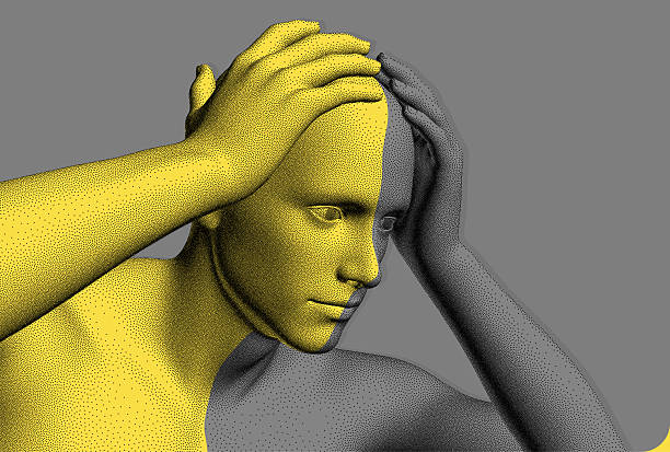 istock Shocked man with hands on his head. Stipple style model of a man with the effect of colour division of the body into two halves black and gold. Life dilemma. Duality of choice. 3D vector for design. 2234710965