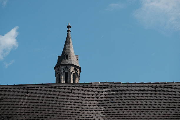 old church tower with blue sky