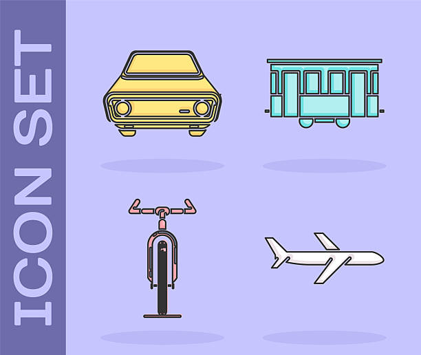Set Plane, Car, Bicycle and Old city tram icon. Vector