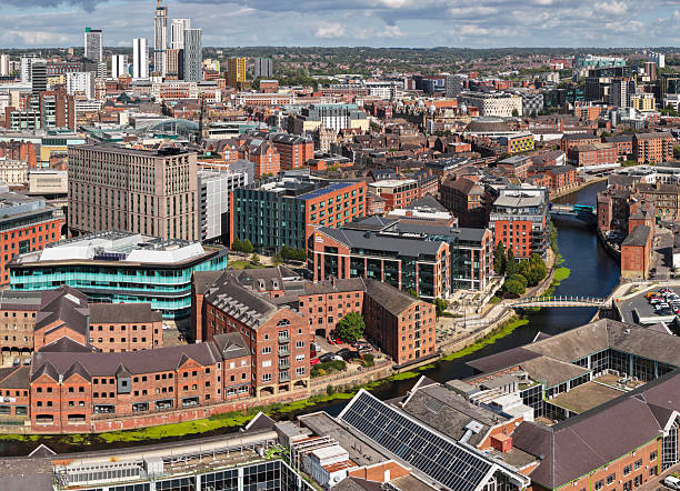Aerial image of Leeds city centre with River Aire, modern offices, and riverside apartments in Yorkshire, England.
