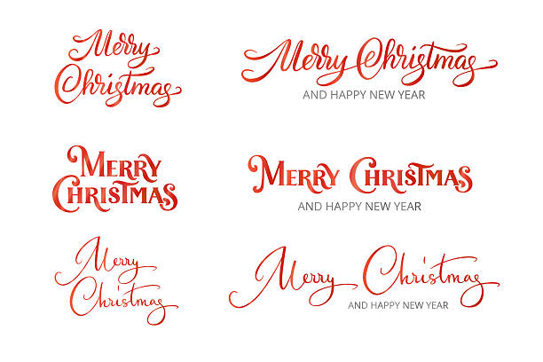 Set of red Merry Christmas and Happy New Year text designs. Calligraphy script, vintage serif lettering. Great for holiday greeting cards, invitations, posters. Transparent background in vector file.