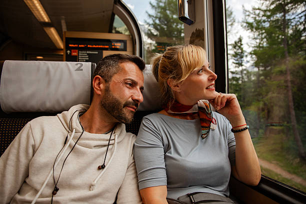 istock Couple enjoying train journey looking out window 2234721056