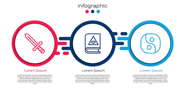 Set line Medieval sword, Ancient magic book and Yin Yang. Business infographic template. Vector Set line Medieval sword, Ancient magic book and Yin Yang. Business infographic template. Vector. yin-yang-clip-art stock illustrations