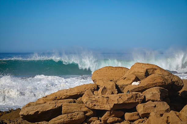 Massive turquoise wave with offshore mist rolls toward the rocky shore. On the sunlit brown stones, white cat rests calmly, adding a surprising element to the dramatic coastal scenery of Morocco.