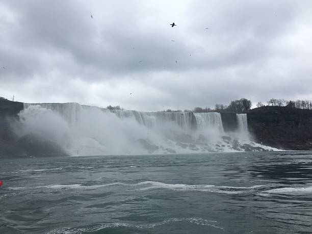 A breathtaking view of a massive waterfall plunging over a rocky cliff into the waters below. Mist rises from the base, capturing the raw energy and relentless force of nature. The overcast sky adds a moody, cinematic tone, enhancing the grandeur of this iconic landscape. Perfect for themes of natural wonder, environmental power, and travel inspiration.