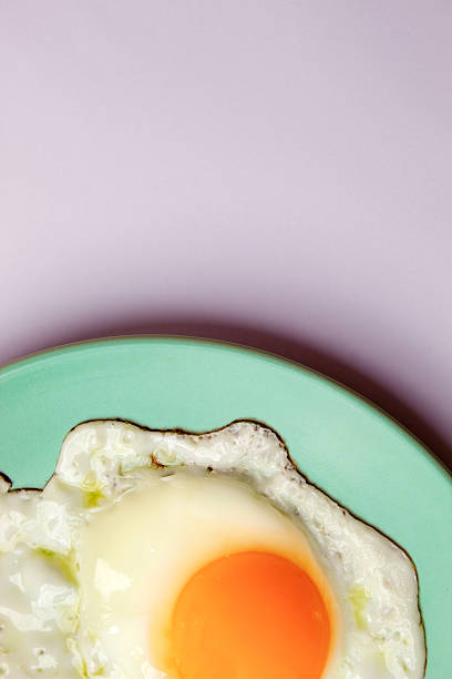 A fried egg on a pastel green plate on a pastel purple background. Close-up