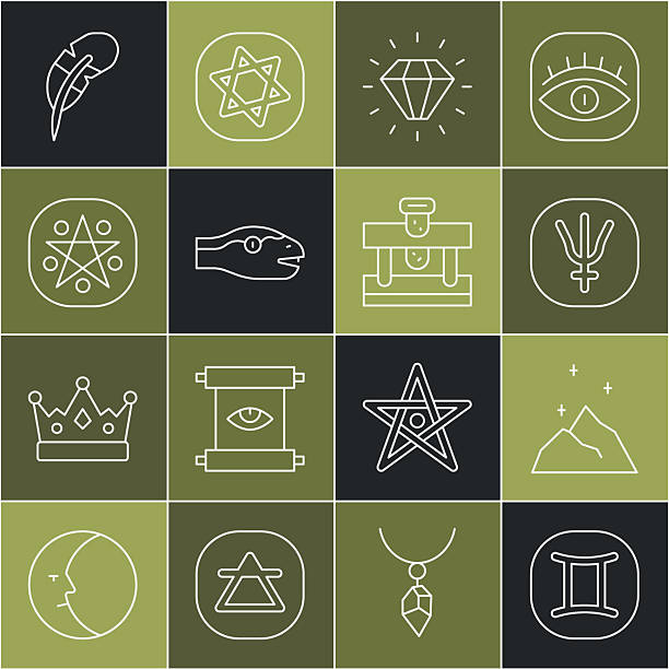 istock Set line Gemini zodiac, Magic powder, Neptune planet, Diamond, Snake, Pentagram circle, Feather pen and Bottle with potion icon. Vector 2234745685