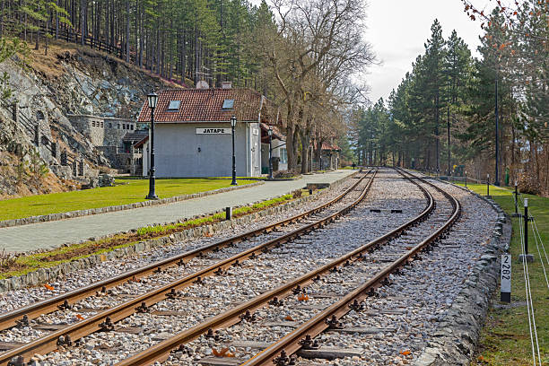 Mokra Gora, Serbia - March 18, 2017: Sargan Eight Narrow Gauge Railway Empty Train Station Platform Jatare at Spring Day Travel.