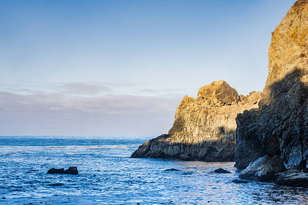 This is a photograph of the rockly coastal landscape along the Pacific Ocean at Partington Cove in Big Sur California on a summer day.