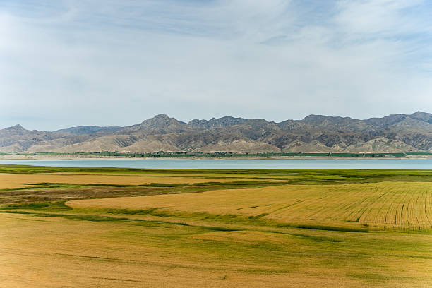 The freshwater lake, the azure sky and the wheat fields beneath the continuous mountain range