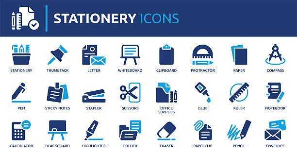 ilustraciones, imágenes clip art, dibujos animados e iconos de stock de conjunto de iconos de papelería y material de oficina. colección de iconos vectoriales sólidos. - clip artículo de papelería